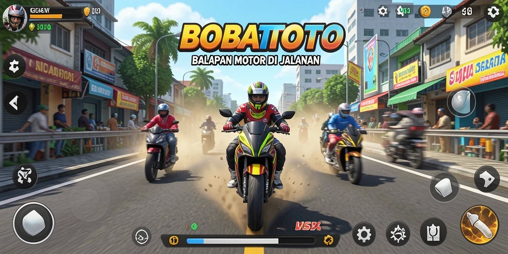 Tampilan gameplay seru di BOBATOTO dengan balapan motor yang mendebarkan.