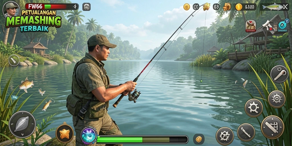 Screenshot utama FW66 menunjukkan gameplay yang seru saat memancing.