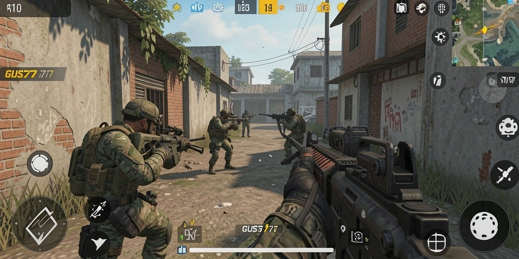Screenshot gameplay GUS77 menampilkan aksi menembak yang mendebarkan dan grafis yang luar biasa.