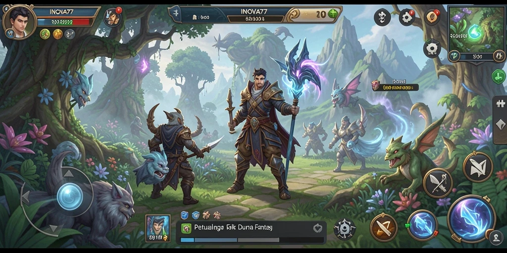 Tampilan gameplay INOVA77 dengan pertempuran epik dan karakter menawan.