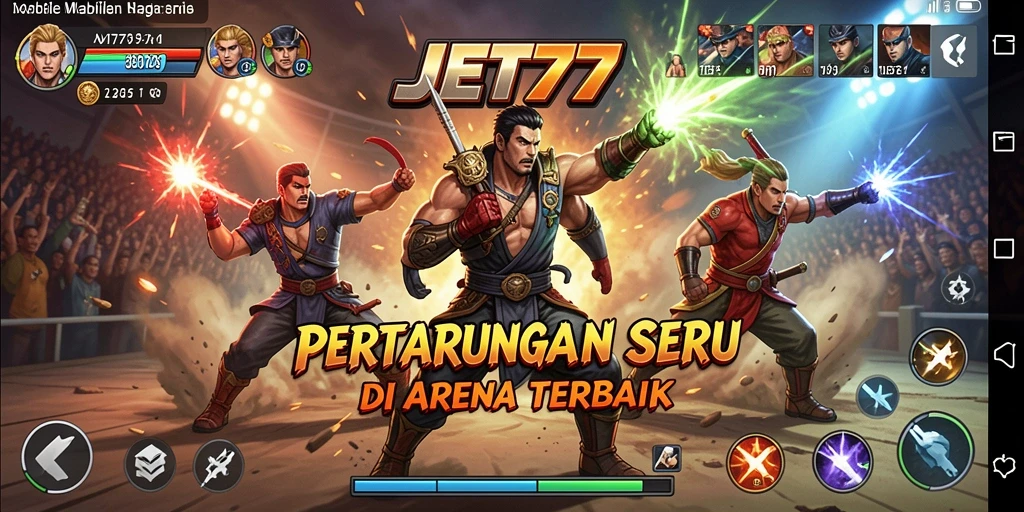 Screenshot gameplay JET77 menampilkan duel karakter yang mendebarkan.