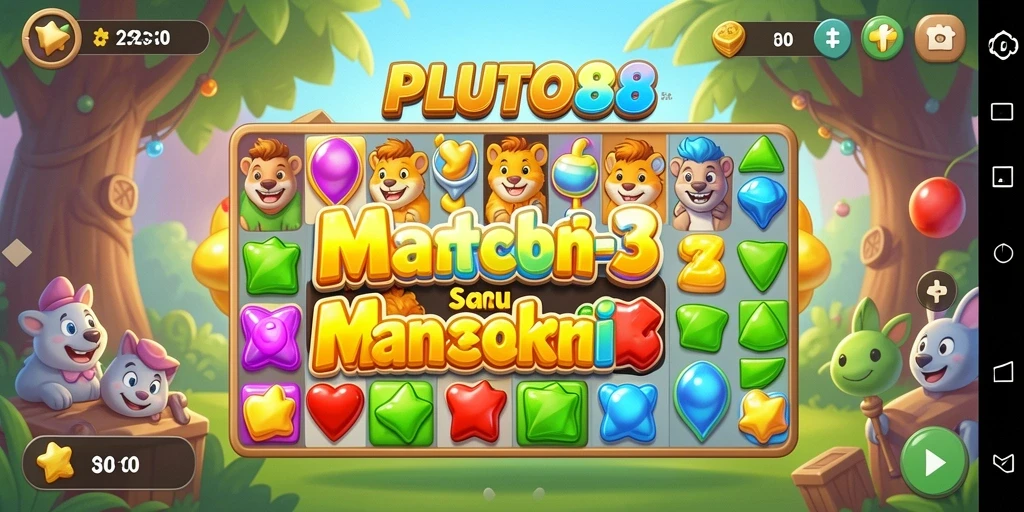 Tangkapan layar gameplay PLUTO88 menunjukkan aksi mencocokkan yang seru.