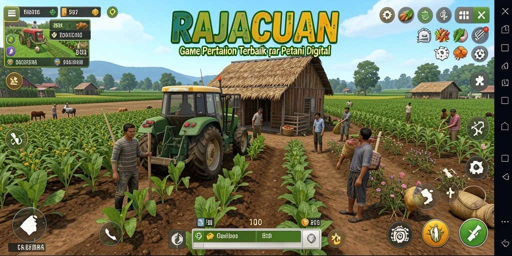 Tampilan menarik dari gameplay pertanian di RAJACUAN.