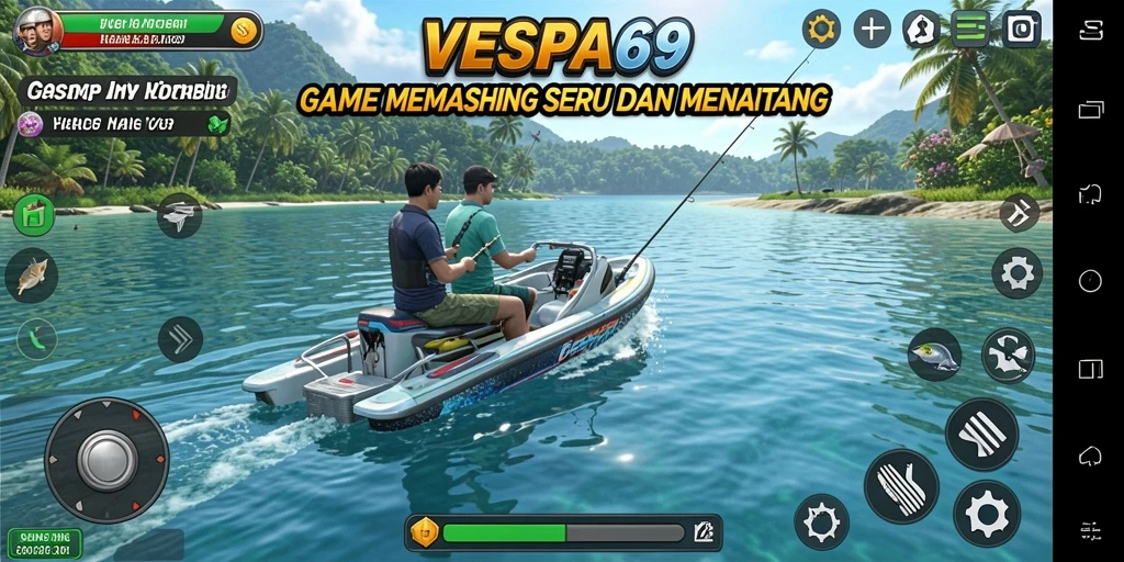 Tampilan gameplay VESPA69 dengan pemandangan indah dan aktifitas memancing.