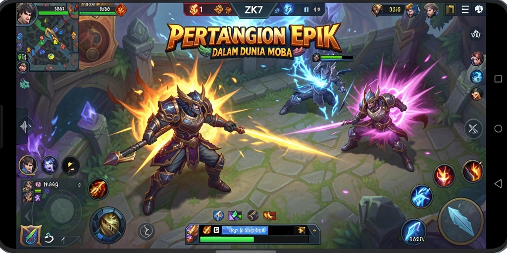 Tangkapan layar ZK7 menampilkan aksi intens di arena MOBA.